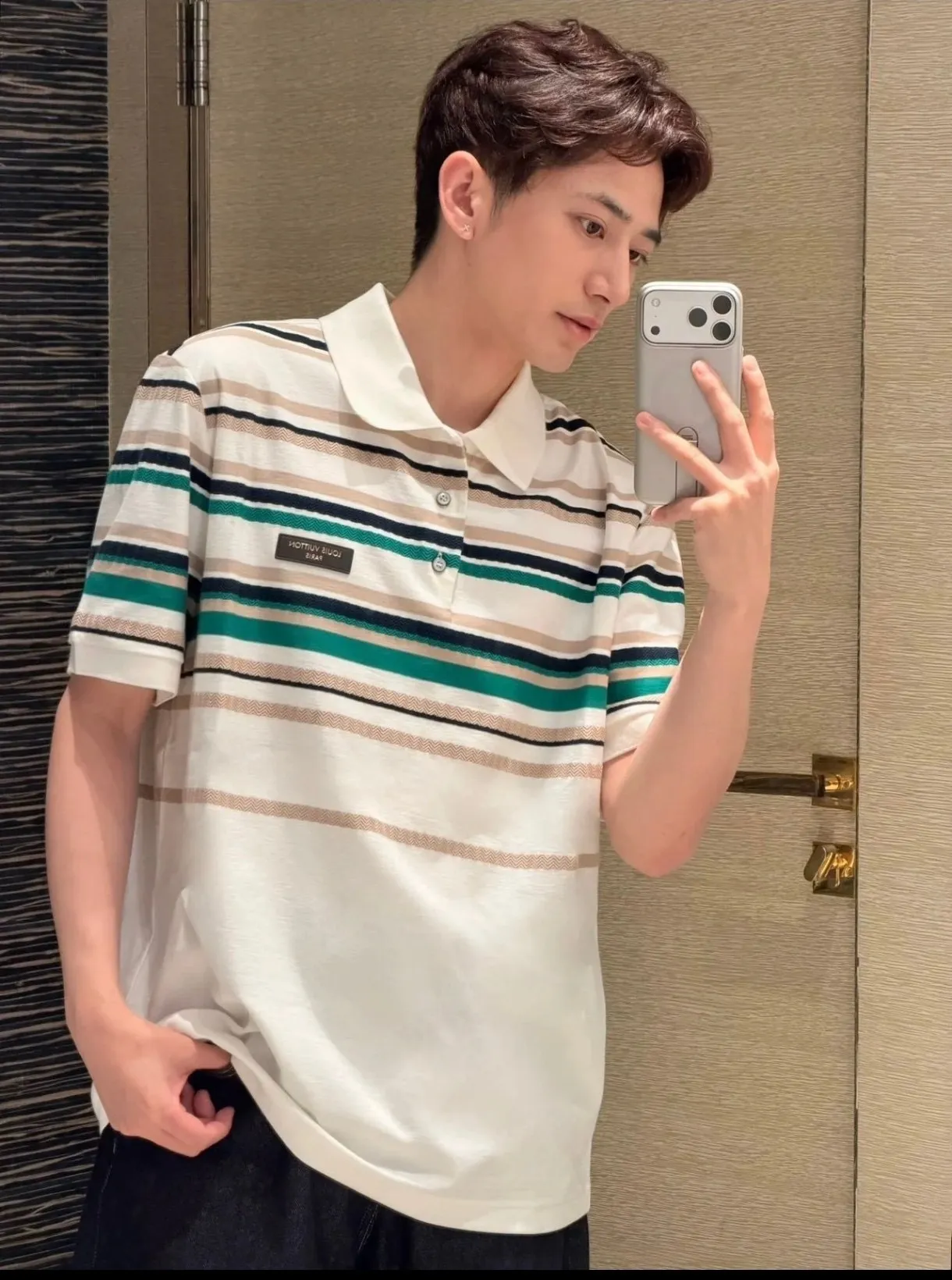 Louis Vuitton/Louis Vuitton 26ss leather brand striped knitted Polo short sleeves
